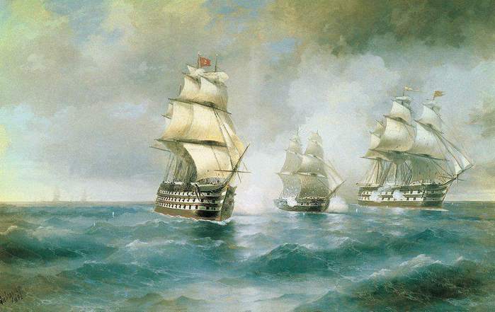 Бриг Меркурий атакованный двумя турецкими кораблями 1892.холст,масло.