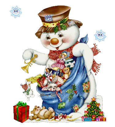 Cнеговик с мешком подарков.