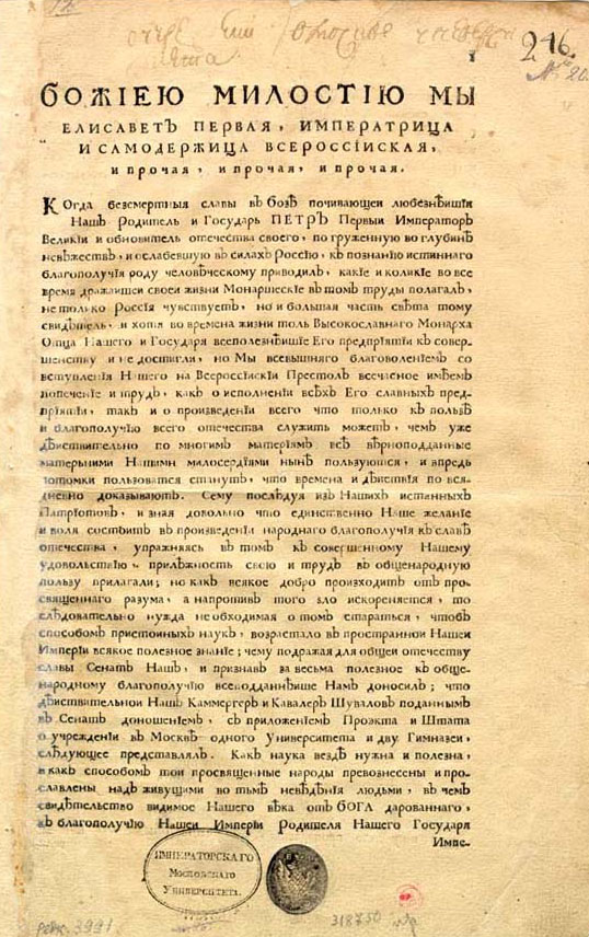 ukaz ob osnovanii moskovskogo universiteta