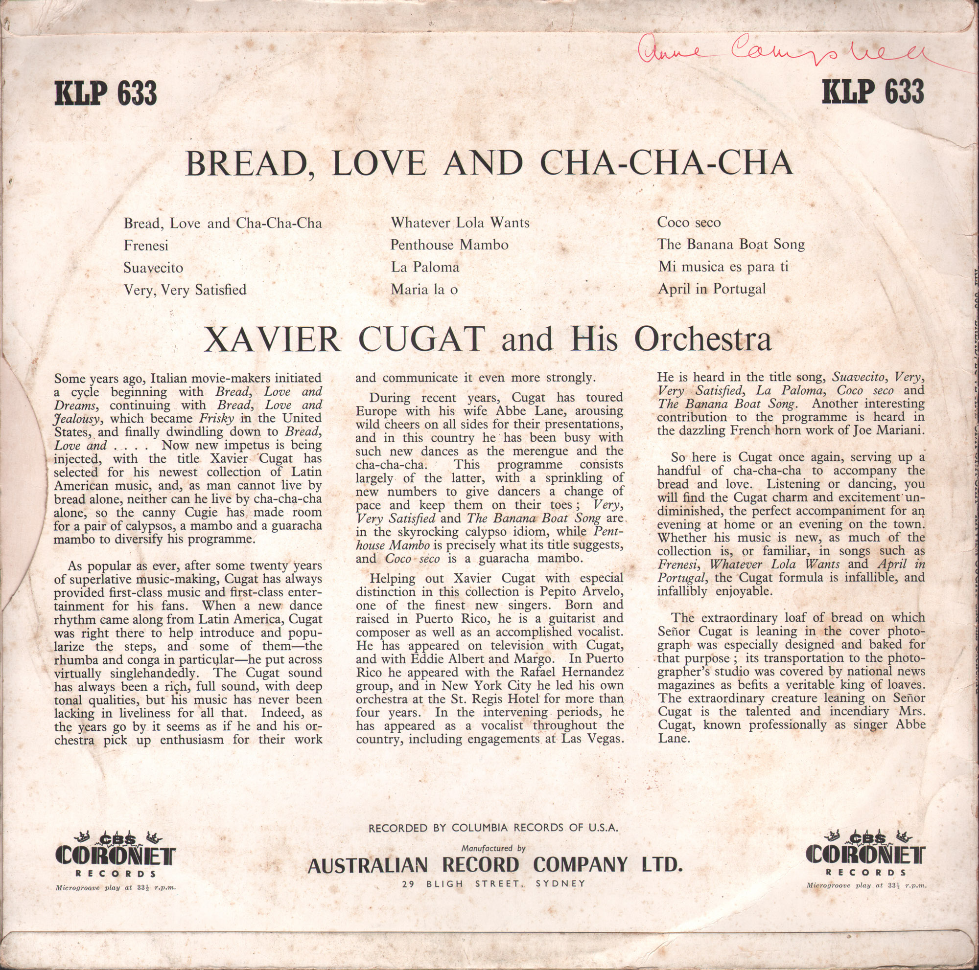 Xavier Cugat And His Orchestra Bread Love And Cha Cha Cha