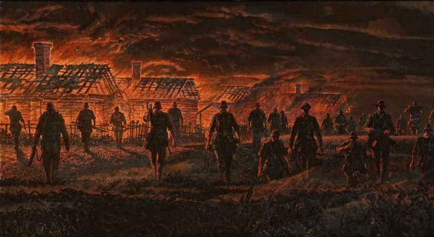 Фашистское нашествие. Вторжение. 22 Июня 1941 года. Картина немцы на фоне горящей деревни. Картина 22 июня 1941. Картина Нашествие.